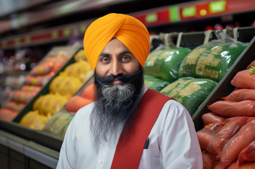 Indian Sikh grocery store salesman portrait