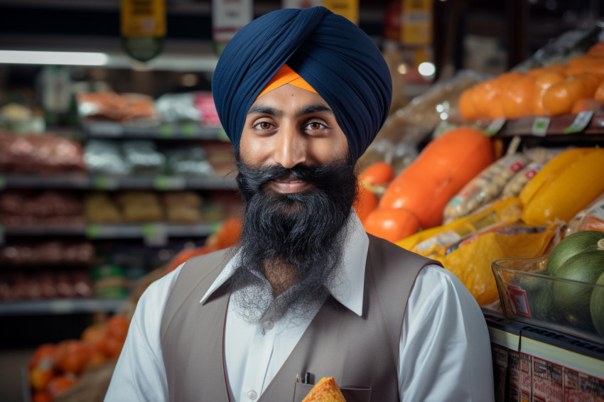 Indian Sikh grocery store salesman portrait