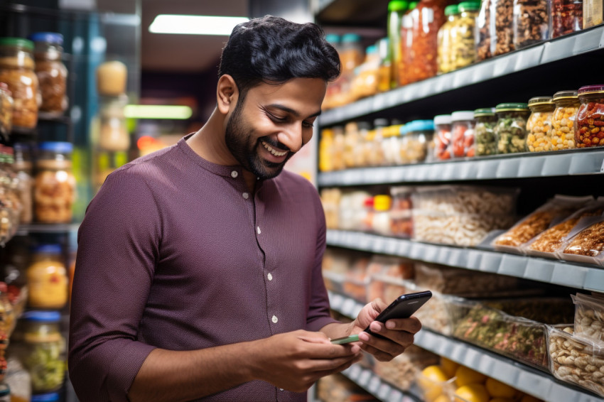 Indian man uses smartphone at grocery store