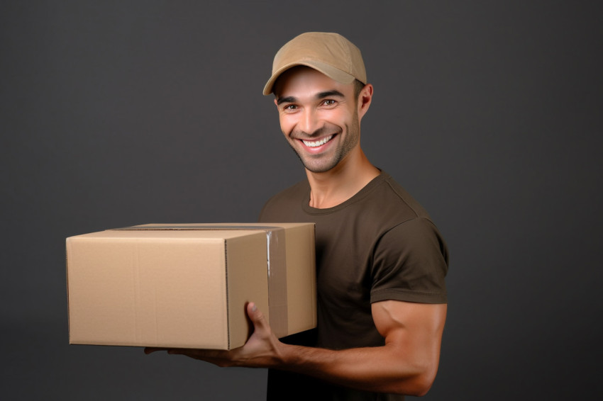 Delivery man holding cardboard box portrait