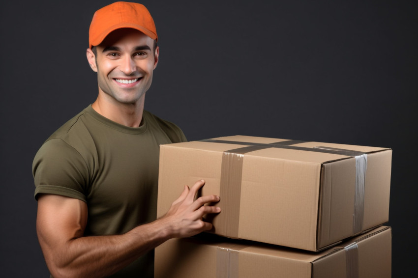 Delivery man holding cardboard box portrait