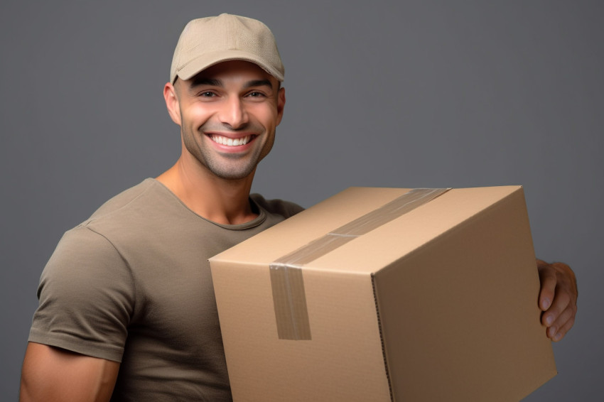 Delivery man holding cardboard box portrait