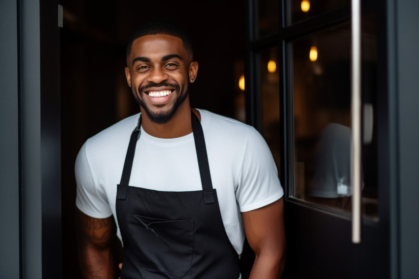 Black man in apron standing in front of door