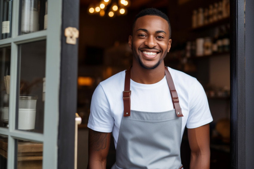 Black man in apron standing in front of door