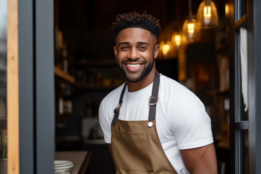 Black man in apron standing in front of door