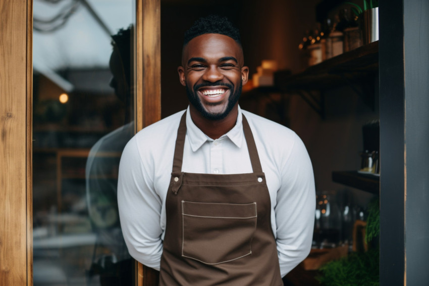 Black man in apron standing in front of door