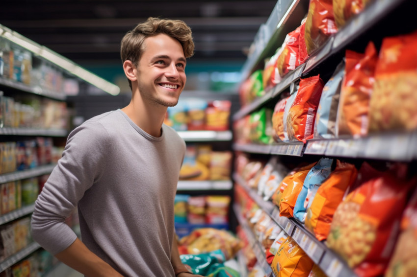 Smiling young man with shopping cart full of healthy food in grocery store