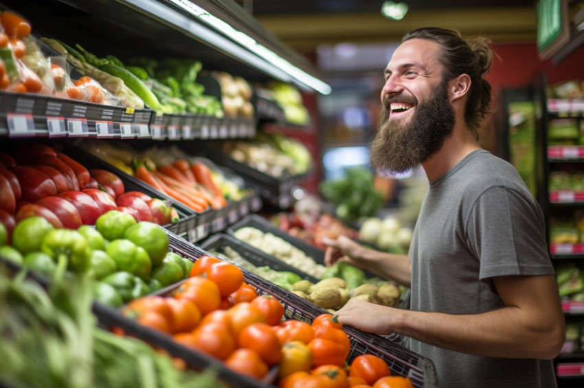 Smiling young man with shopping cart full of healthy food in grocery store