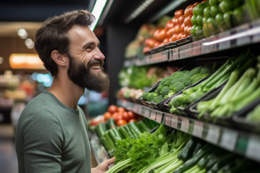 Smiling young man with shopping cart full of healthy food in grocery store