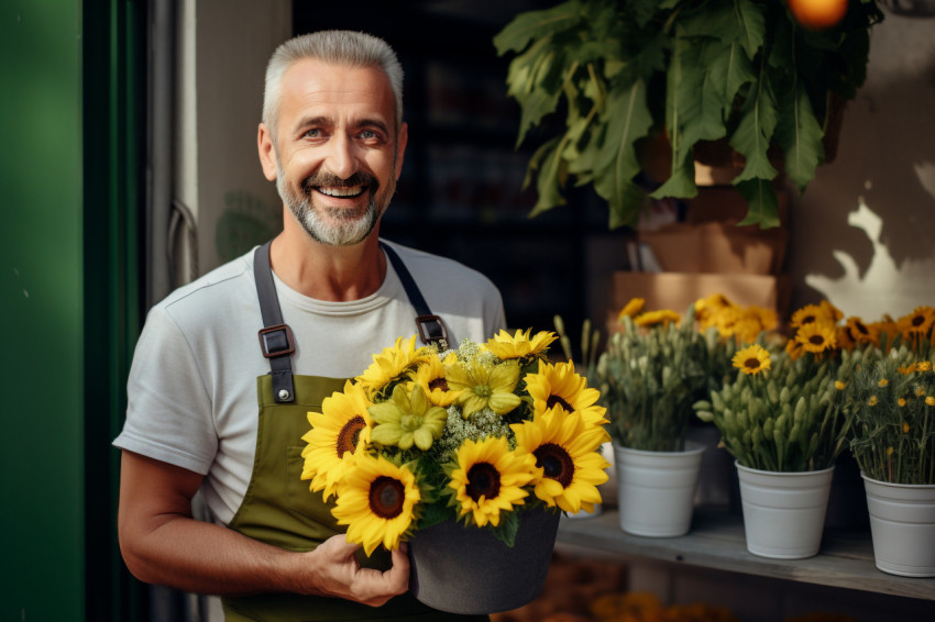 Smiling male florist outside flower shop