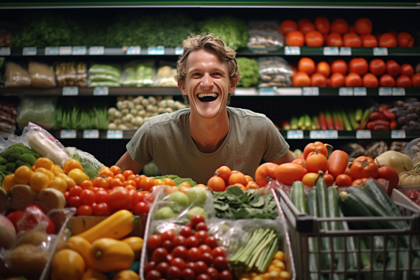 Smiling young man with shopping cart full of healthy food in grocery store