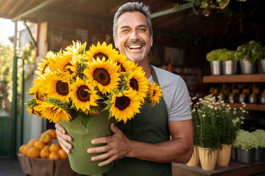 Smiling male florist outside flower shop