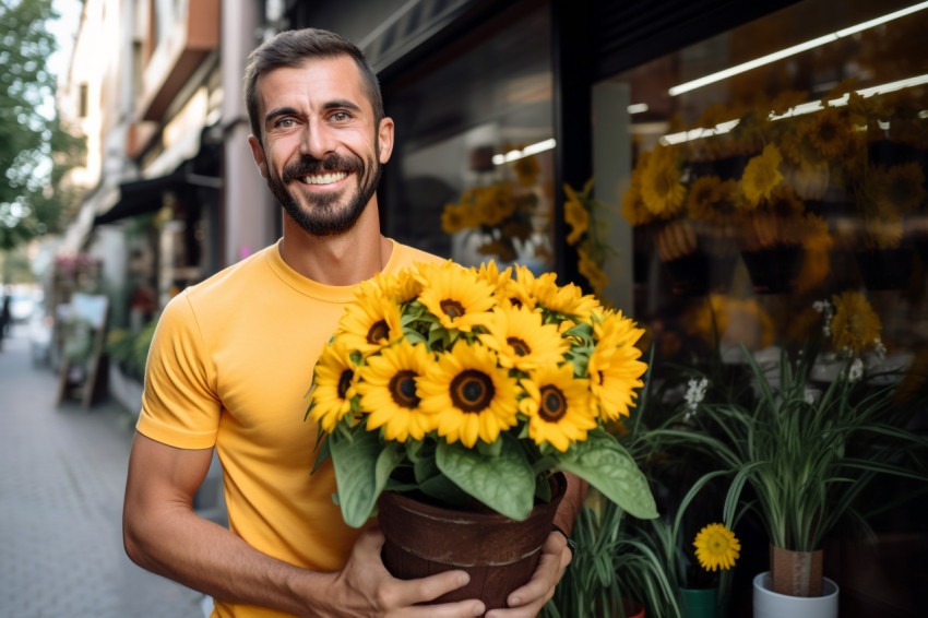 Smiling male florist outside flower shop