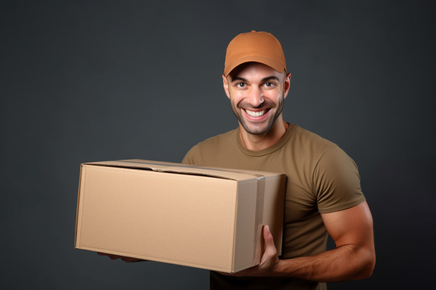 Young delivery man holding package in front of grey background