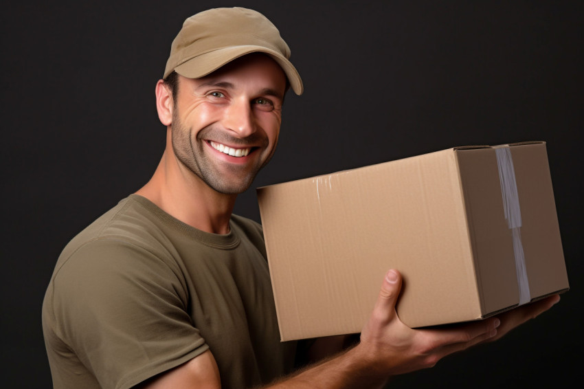 Young delivery man holding package in front of grey background