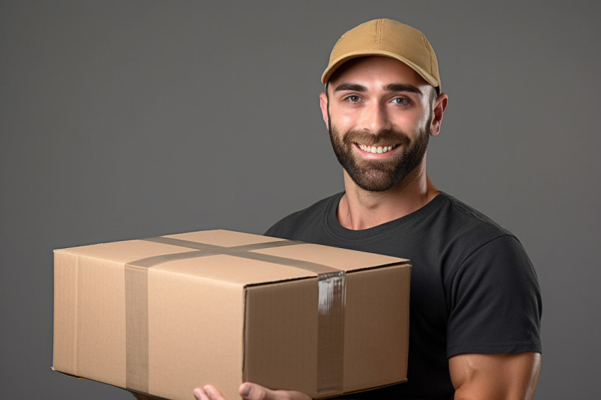 Young delivery man holding package in front of grey background