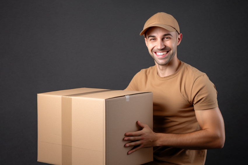 Delivery man holding cardboard box portrait