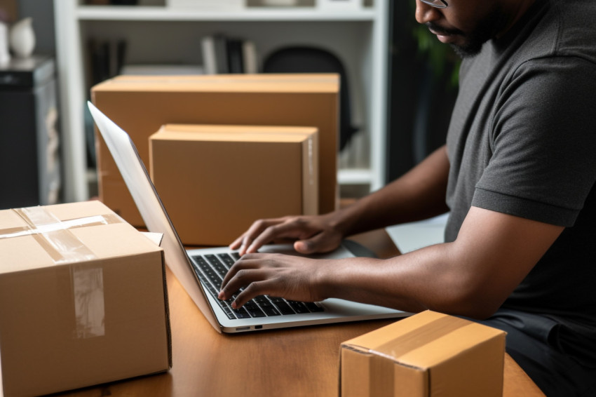 Man checking order on laptop and packing parcel for shipping