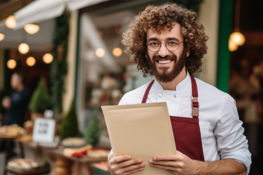 Cheerful Italian bakery worker inviting customers in with menu