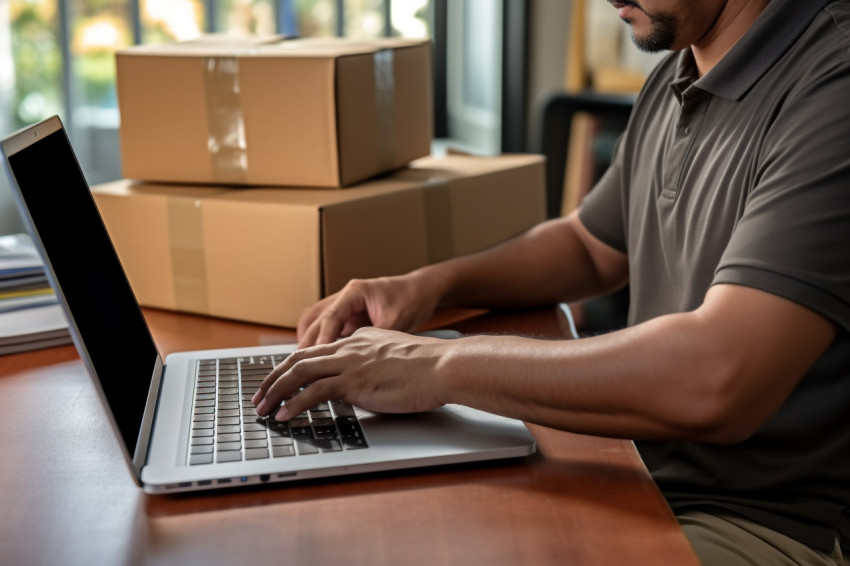 Man checking order on laptop and packing parcel for shipping