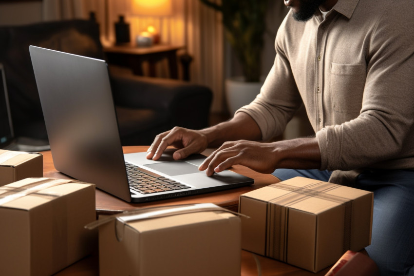 Man checking order on laptop and packing parcel for shipping