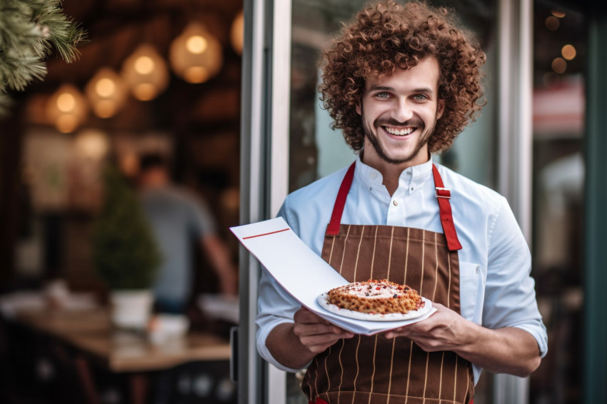 Cheerful Italian bakery worker inviting customers in with menu