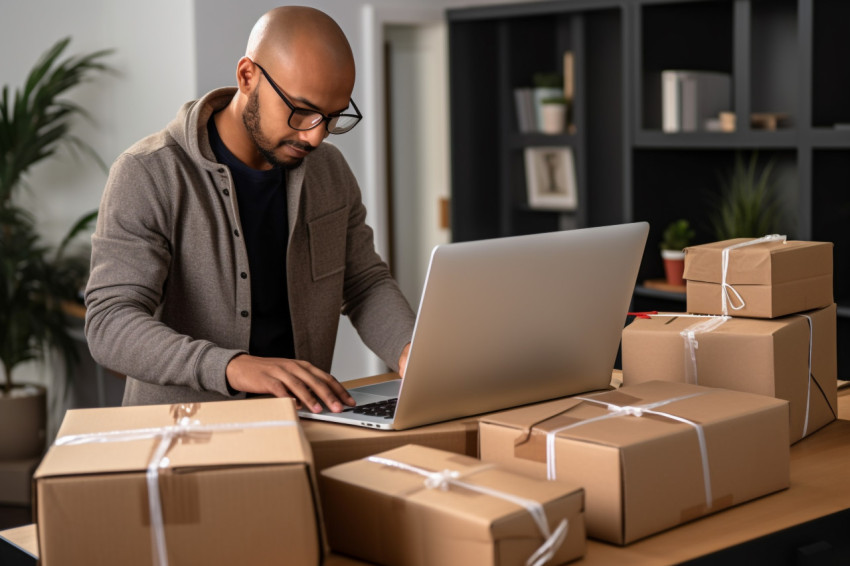 Man checking order on laptop and packing parcel for shipping