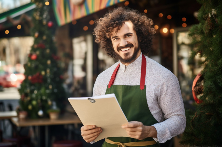 Cheerful Italian bakery worker inviting customers in with menu