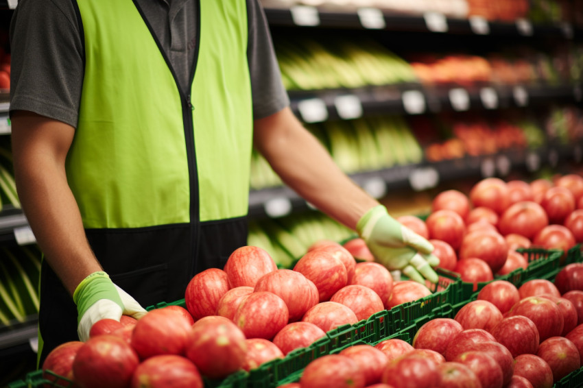 Supermarket worker stocking fresh watermelons