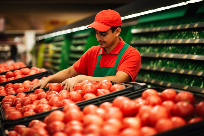 Supermarket worker stocking fresh watermelons