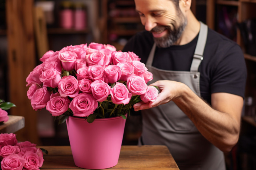 Florist holding pink roses in shop