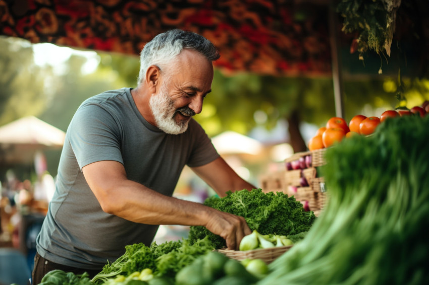 Mature man picking fresh produce at farmers market