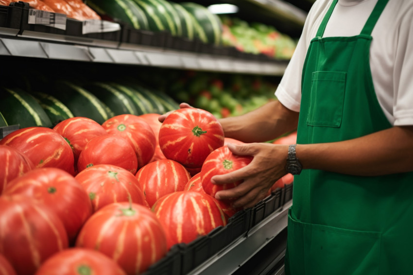 Supermarket worker stocking fresh watermelons