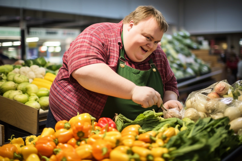 Down syndrome man weighs vegetables at grocery store