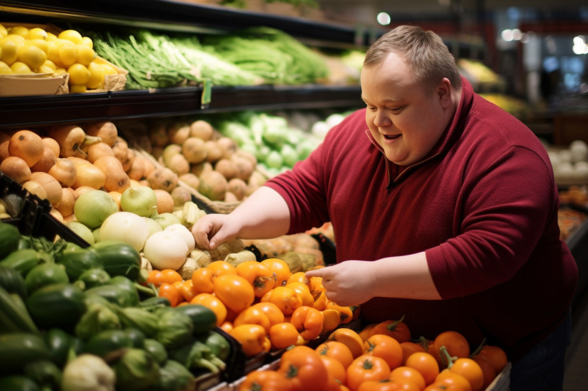 Down syndrome man weighs vegetables at grocery store