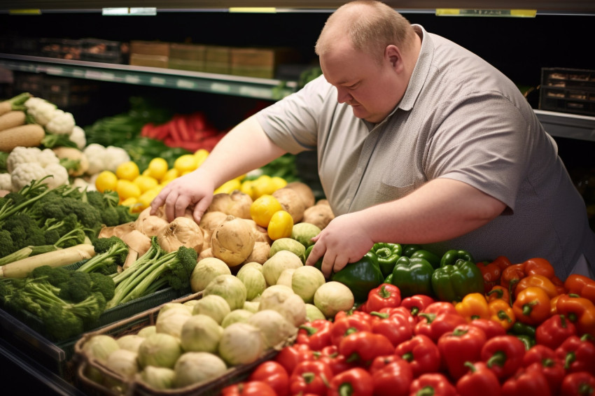 Down syndrome man weighs vegetables at grocery store