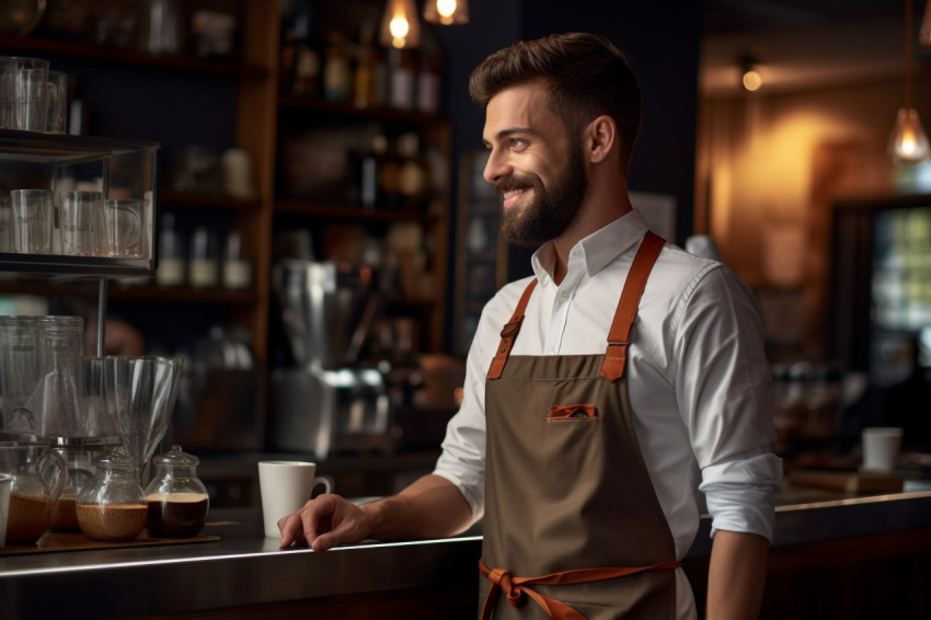 Young barista at coffee bar counter