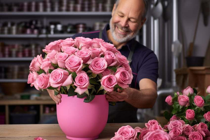 Florist holding pink roses in shop