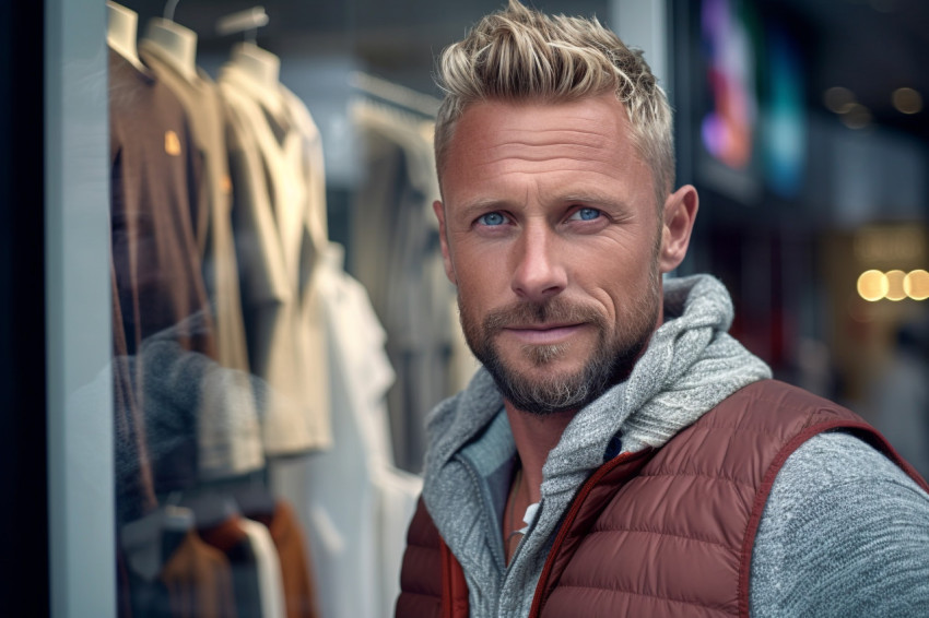 Outdoor photo of handsome man standing by shop window