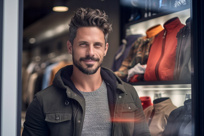 Outdoor photo of handsome man standing by shop window