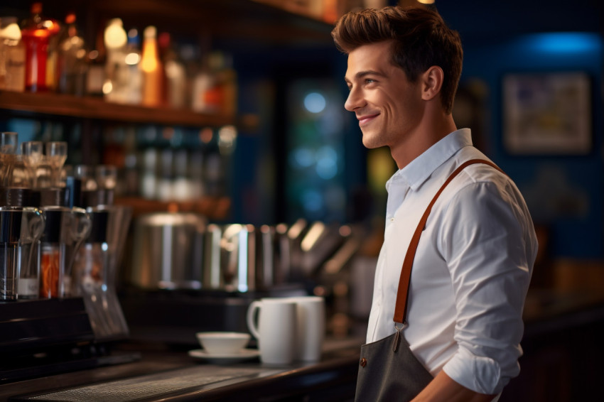 Young barista at coffee bar counter