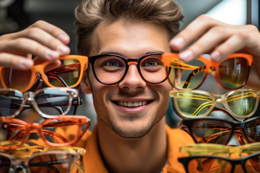 Young mans hands hold glasses at optician while looking for sunglasses