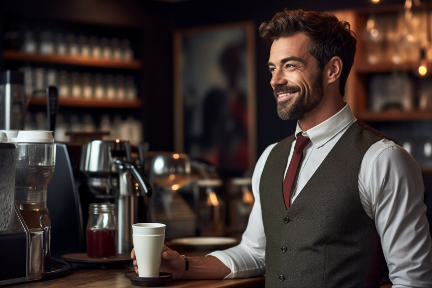 Young barista at coffee bar counter