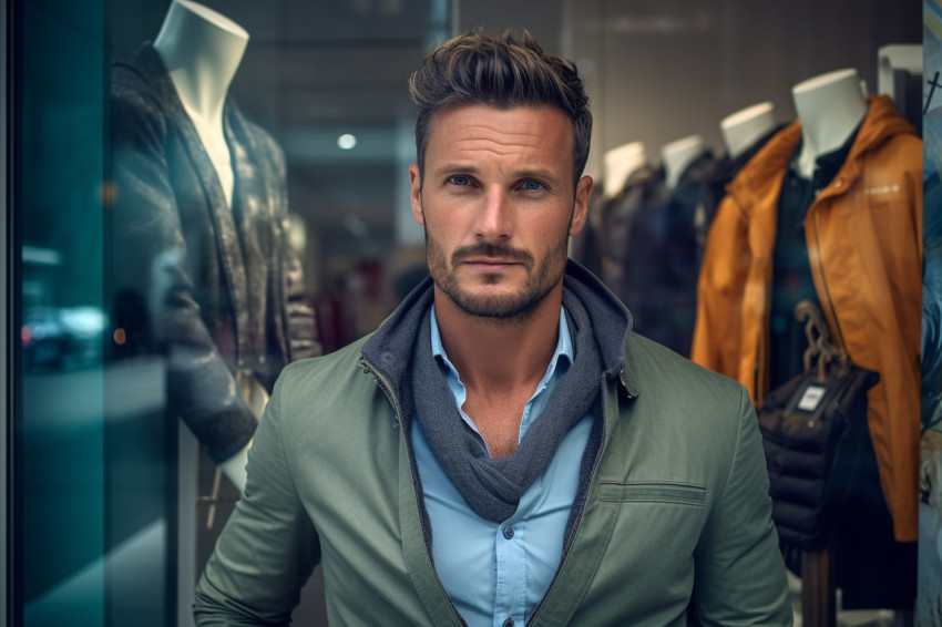 Outdoor photo of handsome man standing by shop window