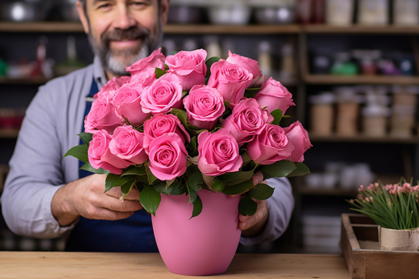 Florist holding pink roses in shop