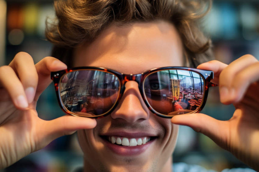 Young mans hands hold glasses at optician while looking for sunglasses