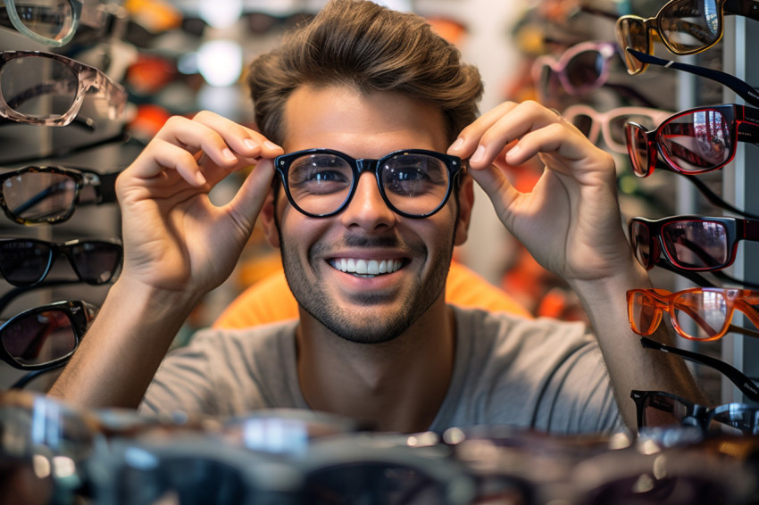 Young mans hands hold glasses at optician while looking for sunglasses