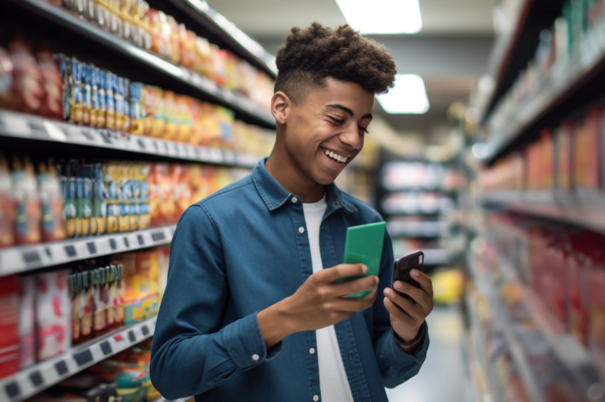 Young man shopping with phone in supermarket