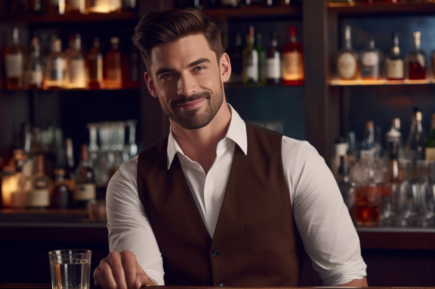 Smiling bartender posing at counter looking at camera