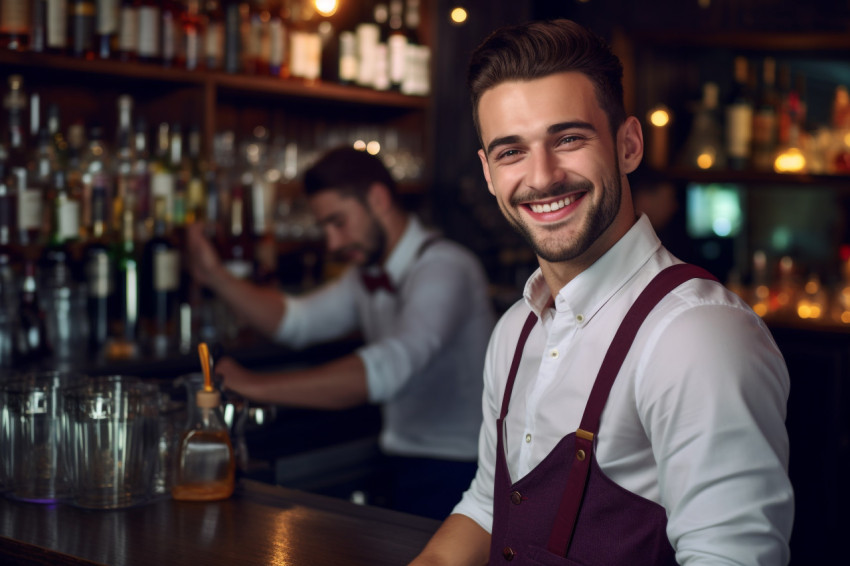 Smiling bartender posing at counter looking at camera